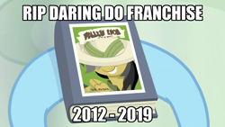 Size: 1024x576 | Tagged: safe, derpibooru import, edit, edited screencap, screencap, daring do, rainbow dash, pegasus, pony, daring doubt, 2012, 2019, book, caption, daring do and the fallen idol, daring do books, end of ponies, image macro, press f to pay respects, rest in peace, text