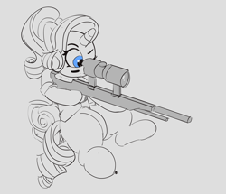 Size: 2796x2402 | Tagged: safe, artist:pabbley, rarity, pony, unicorn, camper, camping, female, gun, hooves, horn, mare, monochrome, neo noir, one eye closed, optical sight, partial color, rifle, signature, simple background, sitting, sniper rifle, solo, weapon