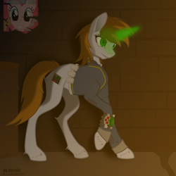 Size: 3000x3000 | Tagged: safe, artist:skrollz, pinkie pie, oc, oc:littlepip, earth pony, pony, unicorn, fallout equestria, clothes, fanfic, fanfic art, female, forever, glowing horn, hoof fluff, hooves, horn, looking at you, magic, mare, ministry mares, ministry of morale, pinkie pie is watching you, pipbuck, poster, propaganda, smiling, solo, text, vault suit