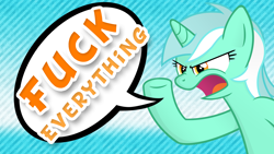 Size: 1920x1080 | Tagged: safe, artist:marusame, derpibooru import, lyra heartstrings, angry, fuck everything, glare, nose wrinkle, obligatory pony, open mouth, solo, speech bubble, text, vulgar, wallpaper, yelling