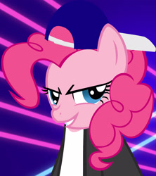 Size: 2696x3041 | Tagged: safe, artist:schoolboy-b, pinkie pie, earth pony, pony, backwards ballcap, hat, laser background, rapper pie, solo, tomboy