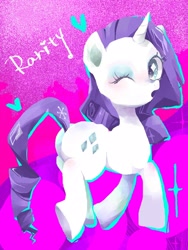 Size: 1200x1600 | Tagged: safe, artist:naginiko, rarity, pony, unicorn, cute, female, heart, looking back, mare, one eye closed, pink background, plot, raribetes, simple background, smiling, solo, wink