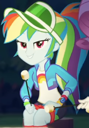 Size: 414x590 | Tagged: safe, derpibooru import, screencap, rainbow dash, rarity, better together, equestria girls, sunset's backstage pass!, cap, clothes, cropped, cute, dashabetes, female, food, forest background, geode of super speed, hat, jacket, lidded eyes, looking at you, magical geodes, marshmallow, night, outdoors, rainbow, shirt, shorts, smiling, socks, stick, t-shirt, wristband