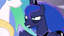 Size: 1920x1080 | Tagged: safe, screencap, princess celestia, princess luna, alicorn, pony, a royal problem, bags under eyes, grumpy luna, luna is not amused, unamused