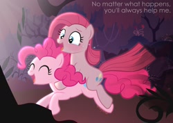 Size: 1838x1300 | Tagged: safe, artist:momo, pinkie pie, earth pony, pony, blushing, crying, duality, eyes closed, happy, light, open mouth, pinkamena diane pie, ponies riding ponies, riding, self ponidox, smiling