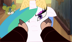 Size: 568x332 | Tagged: safe, artist:orochismith, edit, edited screencap, screencap, princess celestia, verko, alicorn, pony, my little pony: the movie, celestia is not amused, cheek squish, cute, cutelestia, meme, silly, silly pony, squishy cheeks, this will end in tears and/or a journey to the moon, unamused, who's a good pony