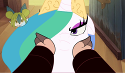 Size: 568x331 | Tagged: safe, alternate version, artist:orochismith, edit, edited screencap, screencap, princess celestia, verko, alicorn, pony, my little pony: the movie, celestia is not amused, cheek squish, cute, cutelestia, meme, silly, silly pony, squishy cheeks, this will end in tears and/or a journey to the moon, unamused, who's a good pony