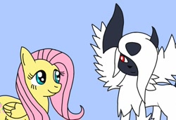 Size: 854x584 | Tagged: safe, fluttershy, pegasus, pony, absol, absolshy, crack shipping, crossover, mega absol, pokémon, pokémon x and y, shipping