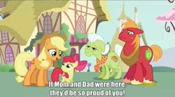 Size: 599x334 | Tagged: safe, screencap, apple bloom, applejack, big macintosh, granny smith, earth pony, pony, crusaders of the lost mark, applejack's parents, happy, liquid pride, male, sad, stallion