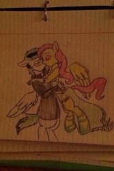 Size: 640x960 | Tagged: safe, fluttershy, oc, oc:thunder scratch, anthro, unguligrade anthro, anthro oc, blushing, canon x oc, drawing, kissing, shipping, traditional art