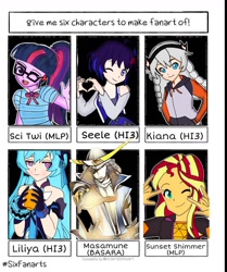 Size: 1080x1290 | Tagged: safe, artist:kriss_thearts_8, sci-twi, sunset shimmer, twilight sparkle, human, equestria girls, :d, basara, bust, clothes, crossover, devil horn (gesture), female, glasses, heart hands, honkai impact 3rd, male, one eye closed, open mouth, peace sign, six fanarts, smiling, wink