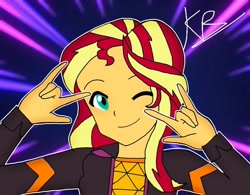 Size: 768x600 | Tagged: safe, alternate version, artist:kriss_thearts_8, sunset shimmer, equestria girls, abstract background, bust, clothes, devil horn (gesture), female, one eye closed, signature, smiling, solo, wink