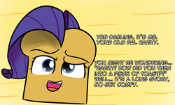 Size: 1598x964 | Tagged: safe, artist:artiks, rarity, bread, darling, dialogue, female, food, inanimate tf, solo, species swap, toast, transformation