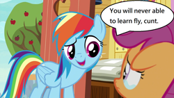 Size: 1280x720 | Tagged: safe, derpibooru import, edit, edited screencap, screencap, rainbow dash, scootaloo, pegasus, pony, the last crusade, abuse, background pony strikes again, cruel, cunt, downvote bait, duo, female, filly, grammar error, harsher in hindsight, mare, mouthpiece, op is a cuck, op is trying to start shit, out of character, rainbow douche, sad, scootabuse, teary eyes, vulgar