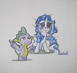 Size: 777x729 | Tagged: safe, artist:hillbe, rarity, spike, dragon, pony, unicorn, crying, female, makeup, male, running makeup, shipping, shrug, sparity, straight, traditional art