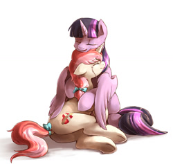 Size: 1022x970 | Tagged: safe, artist:audrarius, derpibooru import, twilight sparkle, twilight sparkle (alicorn), oc, oc:heart mender, alicorn, pony, canon x oc, crying, cuddling, female, hug, lesbian, mare, snuggling, underhoof, winghug