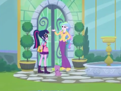 Size: 2048x1536 | Tagged: safe, screencap, princess celestia, principal celestia, sci-twi, spike, spike the regular dog, twilight sparkle, dog, better together, equestria girls, my little shop of horrors, boots, celestia's house, fountain, looking at each other, shoes