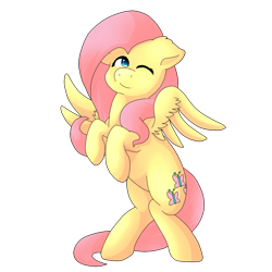 Size: 1080x1080 | Tagged: safe, artist:coralcloud, fluttershy, pegasus, pony, looking at you, one eye closed, rearing, simple background, solo, spread wings, transparent background, wink