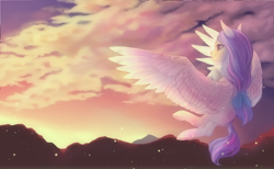 Size: 4400x2710 | Tagged: safe, artist:shedence, derpibooru import, oc, oc only, pegasus, pony, absurd resolution, backlighting, cloud, female, flying, hair tie, mountain, sky, solo, sunrise, wallpaper