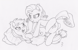 Size: 1500x973 | Tagged: safe, artist:dfectivedvice, applejack, rarity, earth pony, pony, unicorn, boop, cute, ear fluff, female, grayscale, jackabetes, lesbian, monochrome, pillow, raribetes, rarijack, shipping, traditional art