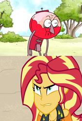 Size: 979x1450 | Tagged: safe, edit, edited screencap, screencap, sunset shimmer, better together, equestria girls, forgotten friendship, angry, benson, gumball machine, meme, red face, regular show, shrunken pupils, sunset shimmer hates meme, template, wrong aspect ratio