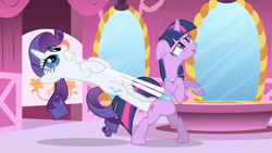 Size: 1280x720 | Tagged: safe, derpibooru import, screencap, rarity, twilight sparkle, unicorn twilight, pony, unicorn, friendship is magic, carousel boutique, clothes, corset, crying, female, gem saddle twilight, girdle, mare, pain