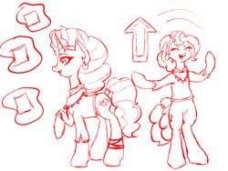 Size: 1280x960 | Tagged: safe, artist:ask-sketch-mane6, pinkie pie, saffron masala, earth pony, pony, unicorn, spice up your life, bipedal, eyes closed, female, levitation, magic, mare, monochrome, open mouth, raised hoof, sketch, telekinesis