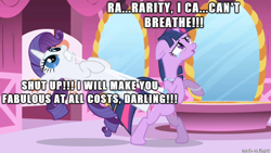 Size: 610x343 | Tagged: safe, derpibooru import, edit, edited screencap, screencap, rarity, twilight sparkle, pony, unicorn, friendship is magic, clothes, corset, crying, fabulous, gem saddle twilight, girdle, image macro, meme