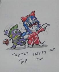 Size: 461x559 | Tagged: safe, artist:hillbe, rarity, spike, dragon, pony, unicorn, dancing, female, male, shipping, sparity, straight, traditional art