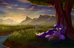 Size: 5100x3300 | Tagged: safe, artist:grennadder, derpibooru import, twilight sparkle, twilight sparkle (alicorn), alicorn, pony, absurd resolution, book, female, grass, lying, mare, mountain, reading, scenery, solo, sunrise, tree