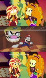 Size: 1920x3202 | Tagged: safe, edit, edited screencap, screencap, adagio dazzle, sunset shimmer, better together, equestria girls, sunset's backstage pass!, blank eyes, discovery kids, every copy of super mario 64 is personalized, geode of empathy, magical geodes, mario, running, sunset sees things, super mario 64, super mario bros., the wario apparition, wario, white eyes