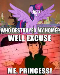 Size: 529x662 | Tagged: safe, derpibooru import, twilight sparkle, twilight sparkle (alicorn), alicorn, pony, dic, exploitable meme, female, link, mare, meme, nintendo, super mario bros. super show, the legend of zelda, well excuse me princess, who destroyed twilight's home