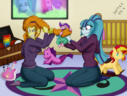 Size: 2000x1500 | Tagged: safe, artist:drake-rex, adagio dazzle, aria blaze, sonata dusk, sunset shimmer, oc, oc:melody blaze, equestria girls, adagio dazzle is not amused, babysitting, clothes, commission, hair pulling, lidded eyes, lip bite, missing shoes, music, one eye closed, onesie, parent:aria blaze, parent:oc:malicore, socks, toy