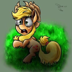 Size: 800x800 | Tagged: safe, artist:ferasor, applejack, earth pony, pony, made in manehattan, applejack's damaged hat, looking up, prone, scene interpretation, solo, wide eyes