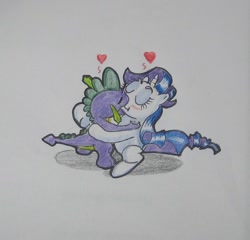 Size: 564x542 | Tagged: safe, artist:hillbe, rarity, spike, dragon, pony, unicorn, female, heart, hug, kissing, male, shipping, sparity, straight, traditional art