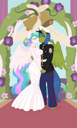 Size: 1156x1920 | Tagged: safe, artist:rapps, princess celestia, oc, oc:rally flag, alicorn, anthro, pegasus, alternate hairstyle, bell, blushing, canon x oc, clothes, dress, dress uniform, eyes closed, female, flower, flower in hair, holding hands, kissing, male, mare, marriage, rallylestia, ring, shipping, stallion, straight, strapless, wedding, wedding dress, wedding ring