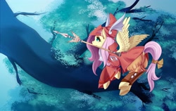 Size: 5344x3375 | Tagged: safe, artist:guinefurrie, derpibooru import, fluttershy, absurd resolution, clothes, cosplay, costume, final fantasy, final fantasy ix, flying, freya crescent, looking away, looking up, mouth hold, solo, spread wings, tree, underhoof, wallpaper