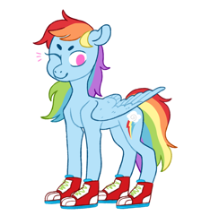 Size: 1094x1171 | Tagged: safe, artist:jellybeanbullet, derpibooru import, rainbow dash, pegasus, pony, beanbrows, clothes, converse, cutie mark, eyebrows, female, no pupils, one eye closed, shoes, simple background, smiling, solo, white background, wings, wink