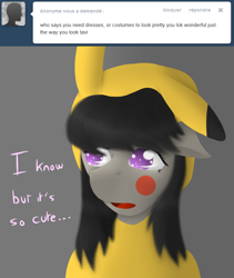 Size: 3779x4488 | Tagged: safe, artist:glittersonyourface, octavia melody, earth pony, pikachu, pony, ask, costume, pokémon, solo