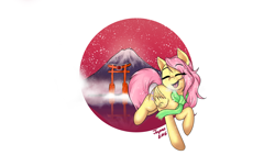 Size: 1920x1080 | Tagged: safe, artist:monanniverse, derpibooru import, fluttershy, pegasus, pony, clothes, eyes closed, female, japan, mare, open mouth, raised hoof, scarf, smiling, snow, snowfall, solo, wallpaper