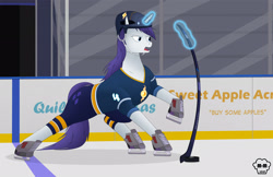 Size: 3000x1941 | Tagged: safe, artist:mighty-muffins, rarity, pony, unicorn, aura, clothes, female, glass, helmet, hockey, hockey helmet, hockey puck, hockey stick, ice, ice hockey, logo, magic, shading, signs, skates, solo, sports, stadium, uniform