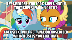 Size: 600x337 | Tagged: safe, derpibooru import, edit, edited screencap, screencap, rainbow dash, smolder, pegasus, pony, 2 4 6 greaaat, cheerleader outfit, cheerleader smolder, clothes, implied spike, implied spolder, smolder is not amused, unamused