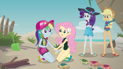 Size: 1920x1080 | Tagged: safe, artist:marcorois, derpibooru import, edit, edited screencap, editor:slayerbvc, screencap, applejack, fluttershy, rainbow dash, rarity, aww... baby turtles, better together, equestria girls, baby turtle, beach, bikini, board shorts, clothes, flip-flops, geode of fauna, geode of super speed, geode of super strength, magical geodes, one-piece swimsuit, rash guard, sandals, sarong, swimming trunks, swimsuit, swimsuit edit, wetsuit