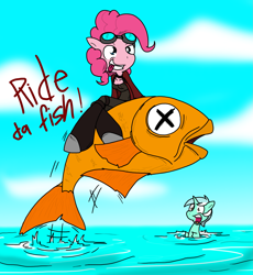 Size: 1859x2025 | Tagged: safe, artist:sandwich-anomaly, lyra heartstrings, pinkie pie, anthro, fish, sea pony, unguligrade anthro, borderlands, parody, patricia tannis, seapony lyra, x eyes