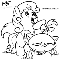 Size: 945x945 | Tagged: safe, artist:megasweet, edit, opalescence, sweetie belle, cat, pony, unicorn, black and white, derp, drool, duo, female, filly, grayscale, lineart, monochrome, open mouth, pet, ponies riding cats, riding, simple background, sweetie derp, sweetiedumb, this will not end well, white background