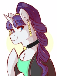 Size: 1200x1600 | Tagged: safe, artist:canisrettmajoris, rarity, pony, semi-anthro, unicorn, alternate hairstyle, blackpink, clothes, digital art, ear piercing, female, looking at you, mare, one hoof raised, piercing, simple background, smiling, solo, white background