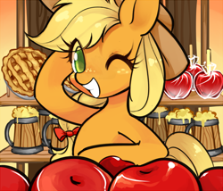 Size: 600x513 | Tagged: safe, artist:komacha, applejack, earth pony, pony, apple, apple cider, apple pie, bipedal, candy apples (food), design, grin, hoof in mane, mousepad, solo, wink