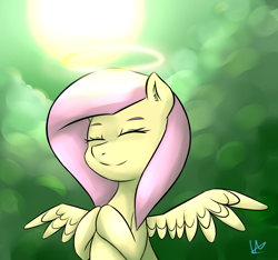 Size: 2607x2444 | Tagged: safe, artist:wolfy-pony, fluttershy, pegasus, pony, eyes closed, halo, hooves together, smiling, solo, spread wings