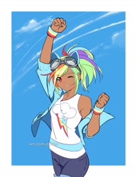 Size: 1700x2200 | Tagged: safe, artist:naomigmbs, derpibooru import, rainbow dash, human, abstract background, anime, cute, dashabetes, human coloration, humanized, kotobukiya, kotobukiya rainbow dash, pixiv, solo