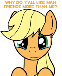 Size: 808x988 | Tagged: safe, artist:kev-darkhood, artist:kev-dee, applejack, earth pony, pony, bronybait, captions, mouthpiece, op is a cuck, op is trying to start shit, sad, teary eyes